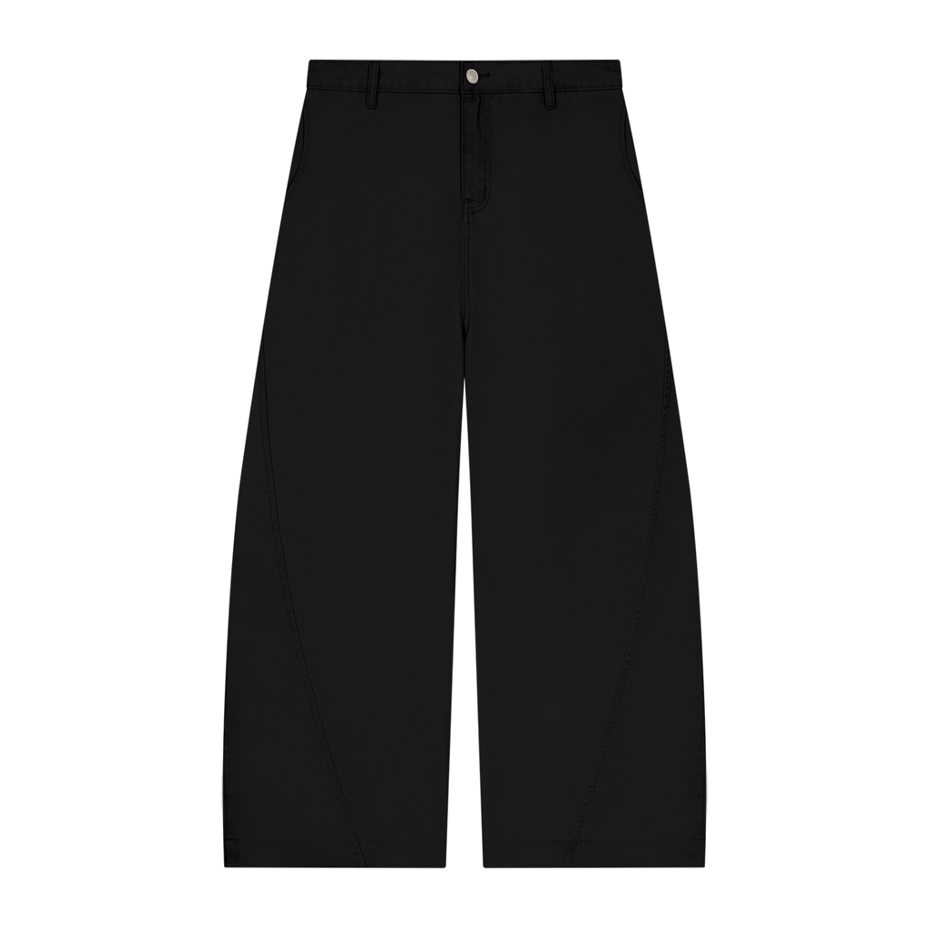 Black wide-leg pants with a button and zipper fly, belt loops, and straight hem.