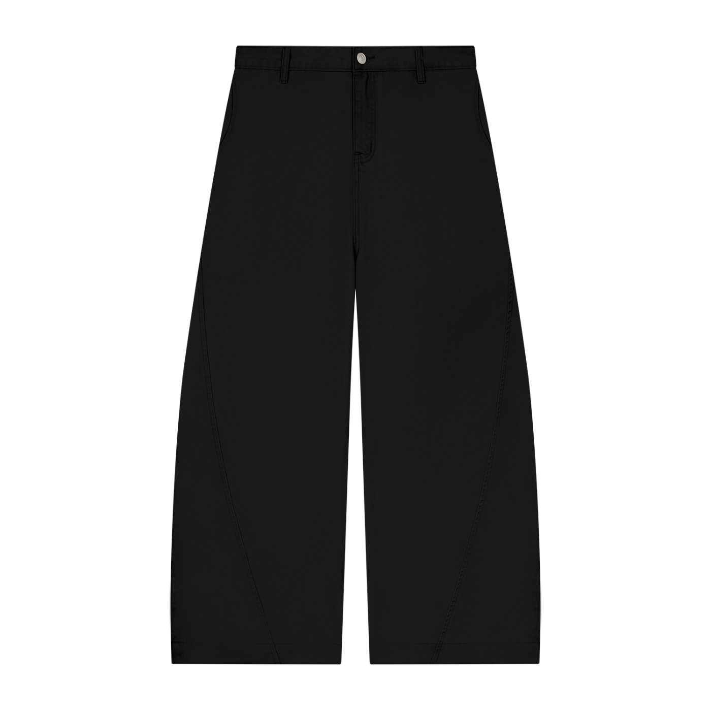 Black wide-leg pants with a button and zipper fly, belt loops, and straight hem.