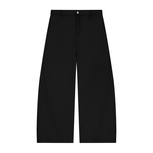 Black wide-leg pants with a button and zipper fly, belt loops, and straight hem.