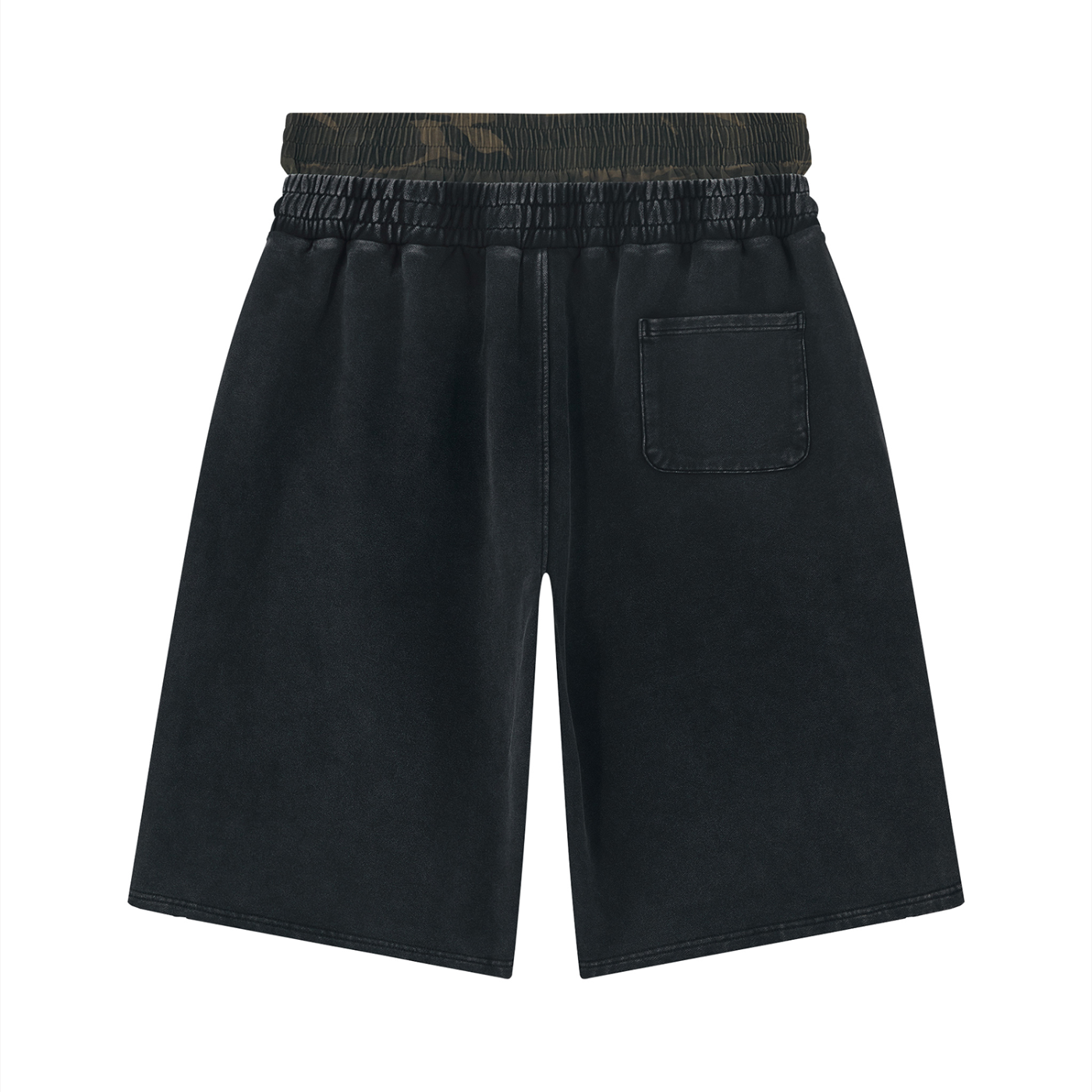 Black shorts with elastic waistband and small pocket on left side, featuring a subtle camo pattern.