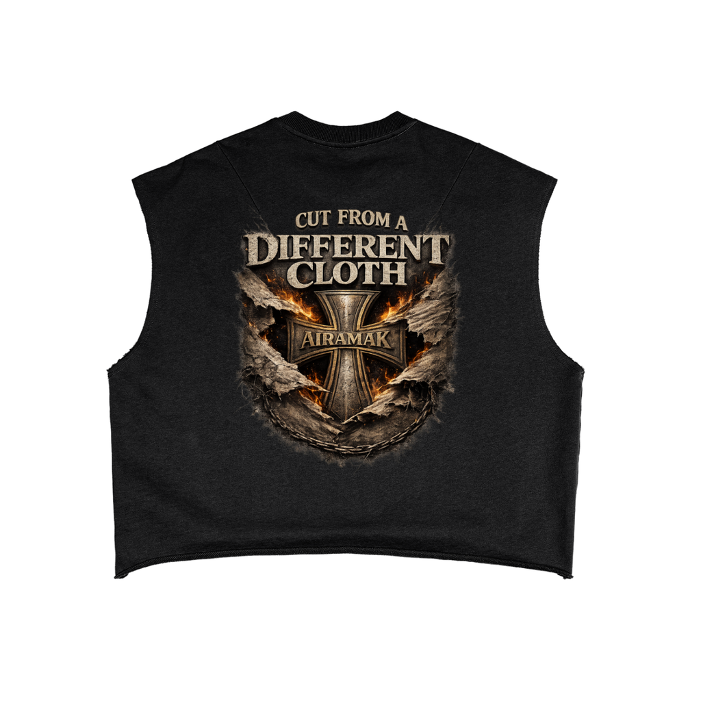 Black sleeveless vest with "Cut from a Different Cloth" text and a cross design on the back.