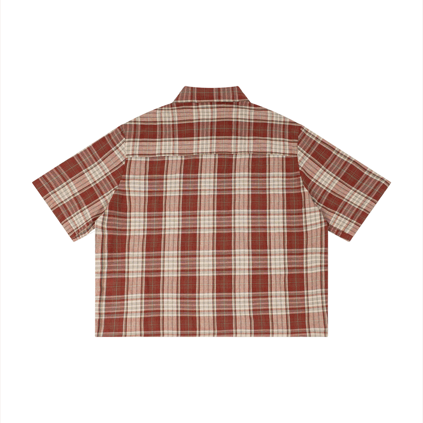 Red and beige plaid short-sleeve shirt with a collar, laid flat on a white background.