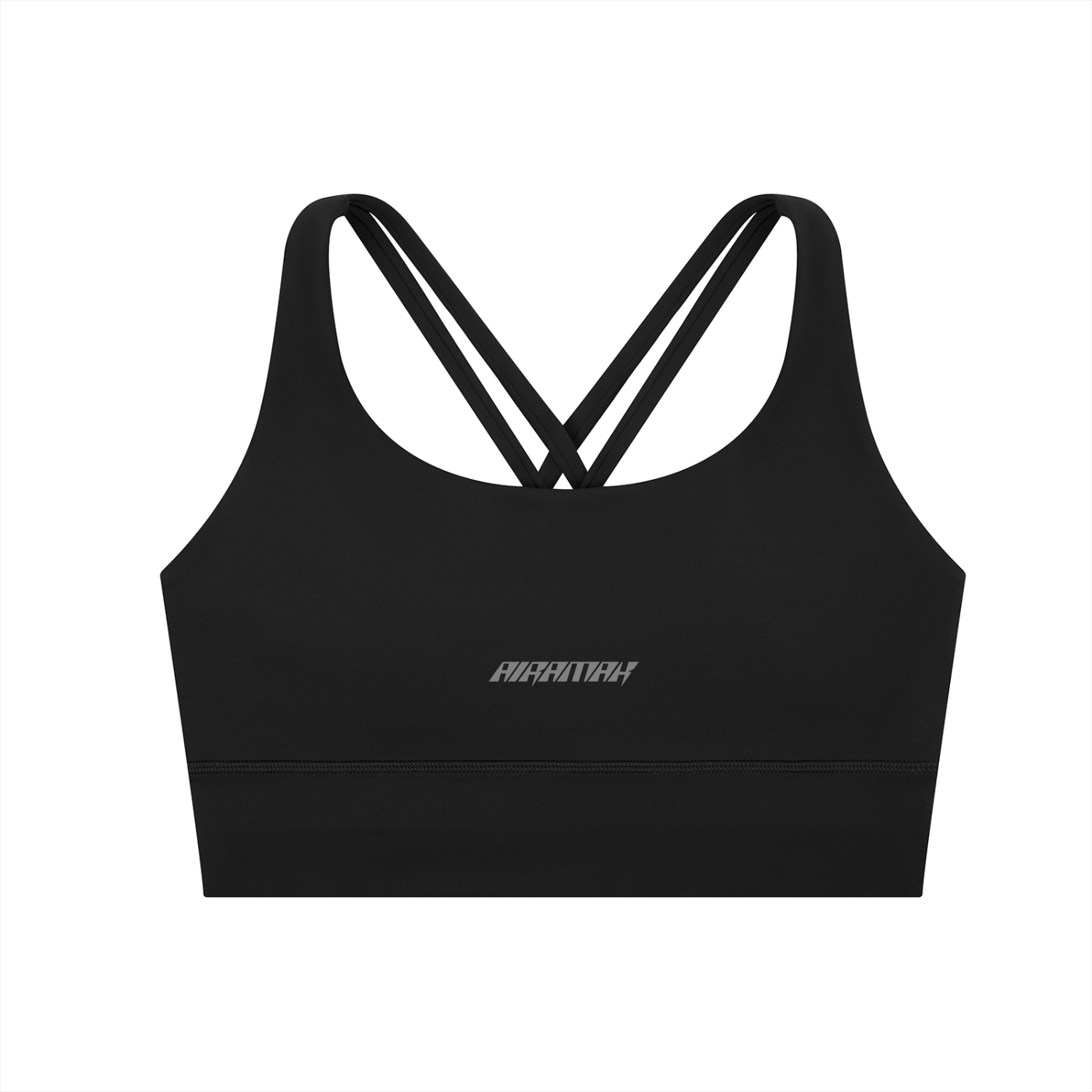 Black sports bra with crisscross straps and small white logo on the front.
