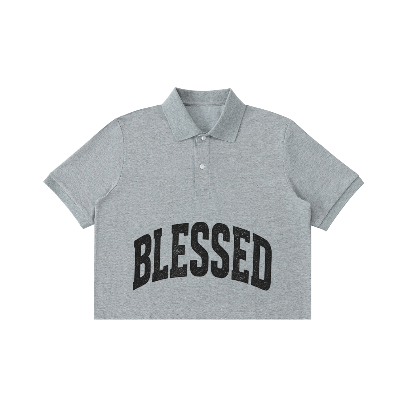 Gray polo shirt with "BLESSED" in bold black letters on front.