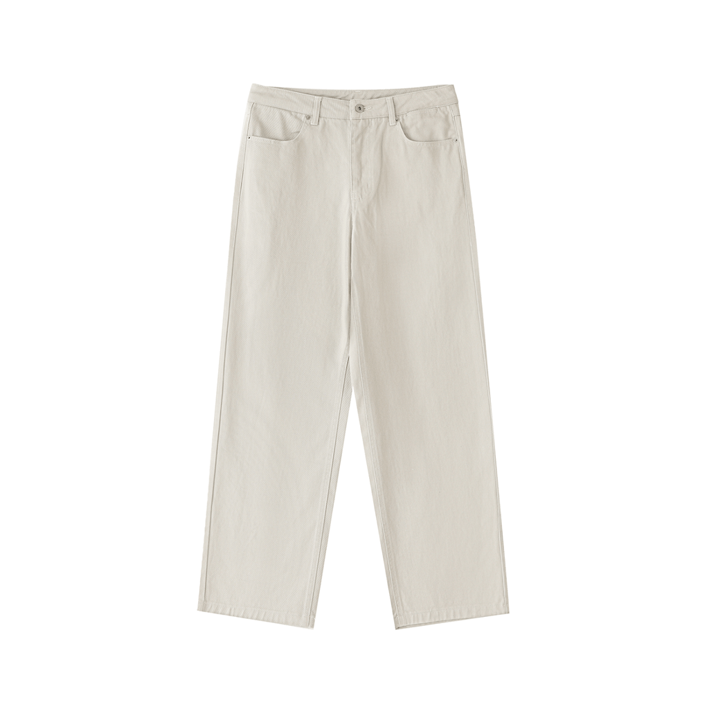 Cream-colored straight-leg pants with button and zip closure, displayed on a white background.