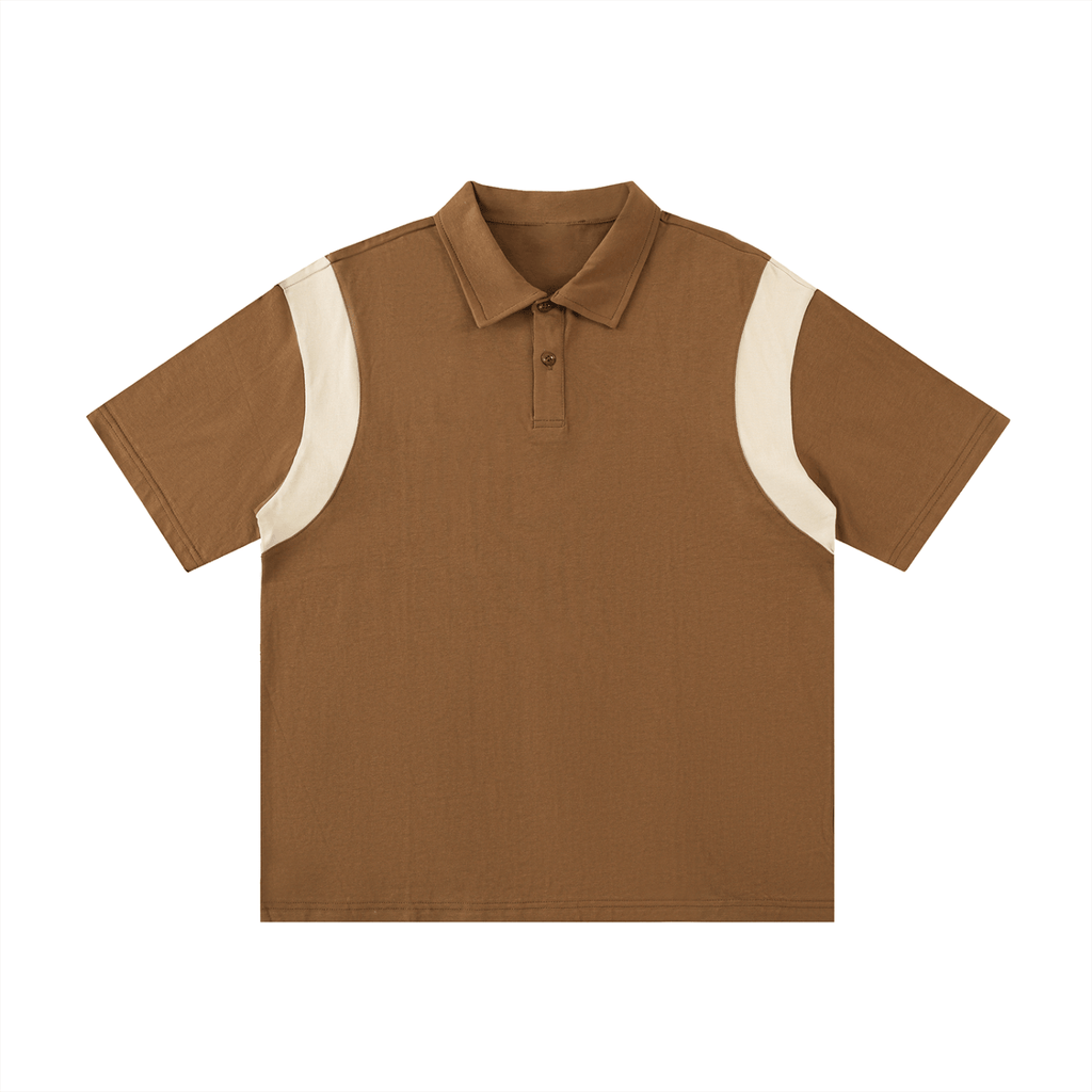 Brown polo shirt with beige curved stripes on the shoulders and short sleeves.