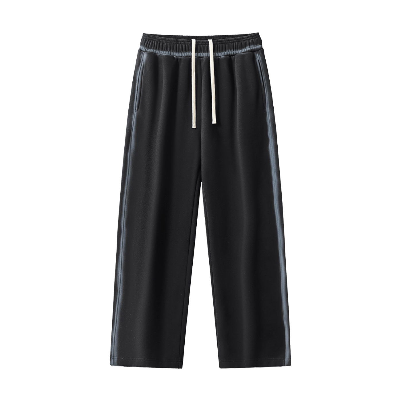 Black wide-leg track pants with a white drawstring and side stripes, against a white background.