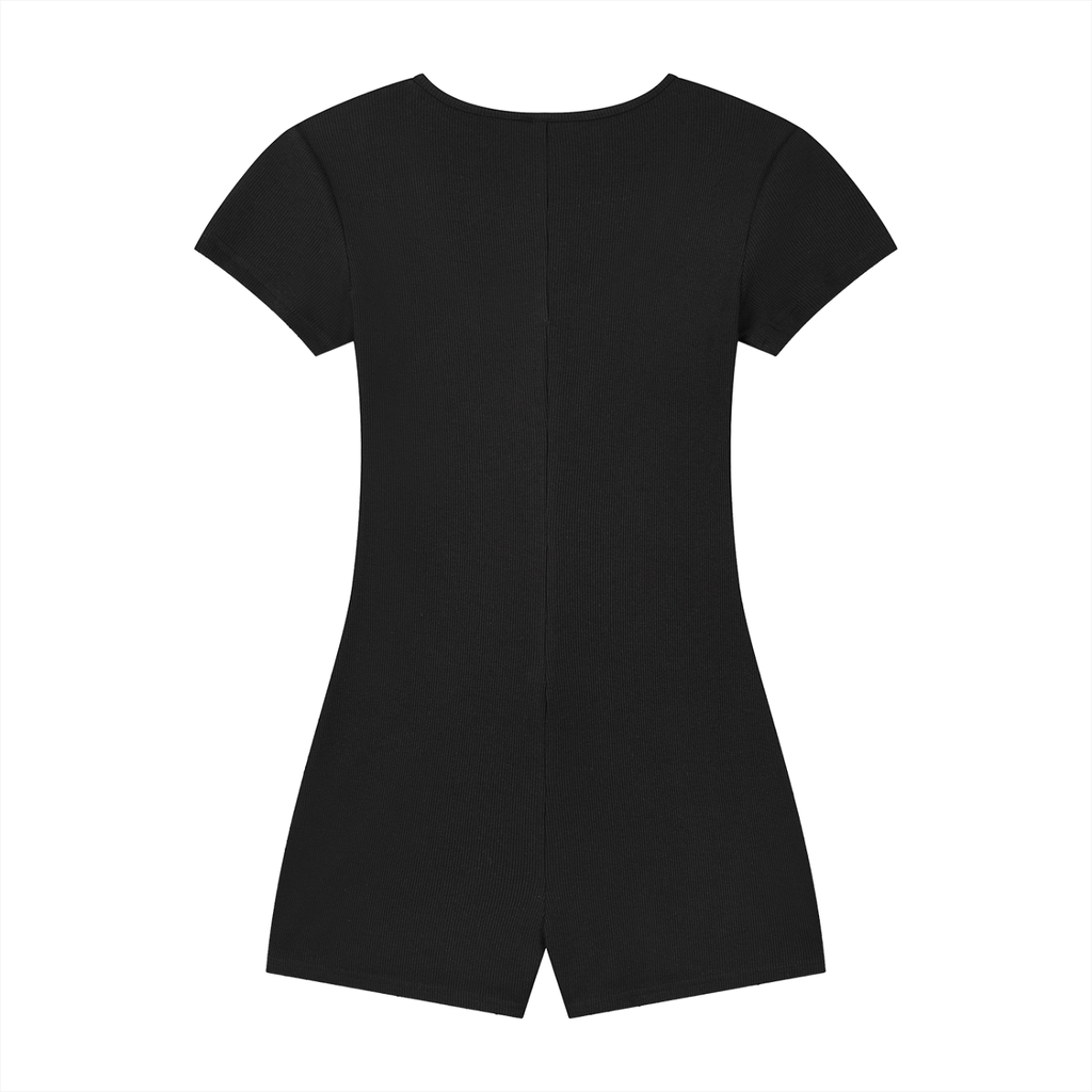 Black short-sleeve, knee-length dress viewed from the back. Simple design with a slight flare.