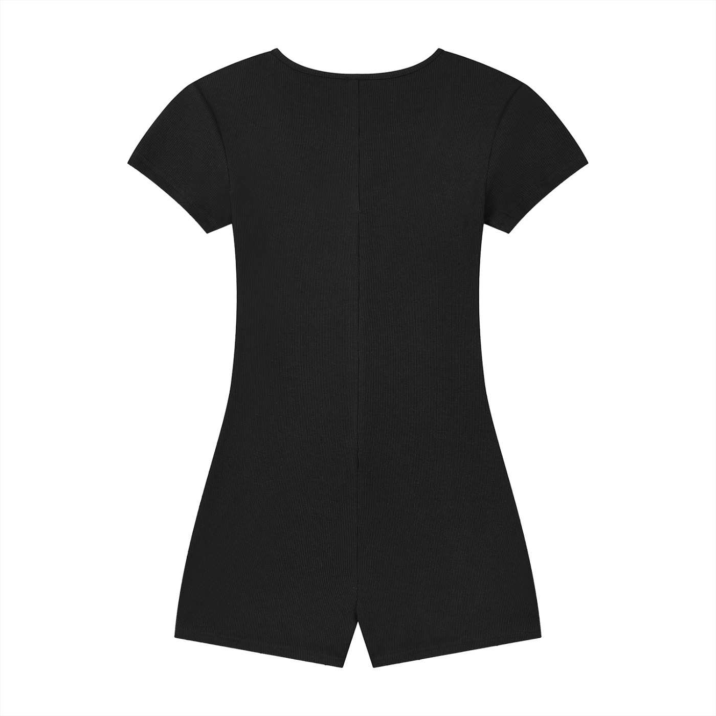 Black short-sleeve, knee-length dress viewed from the back. Simple design with a slight flare.