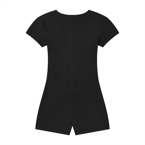 Black short-sleeve, knee-length dress viewed from the back. Simple design with a slight flare.