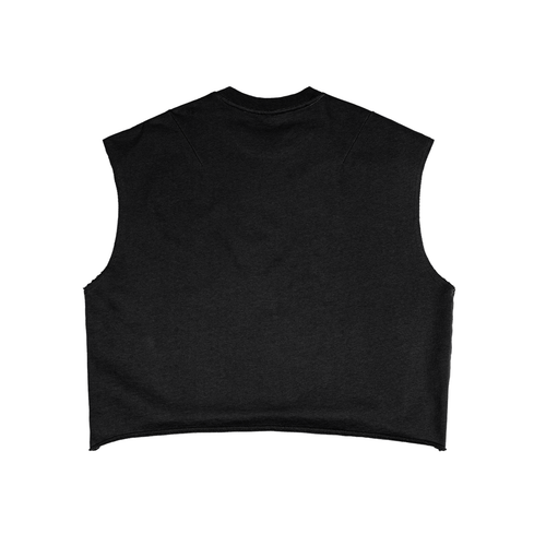 Black sleeveless crop top, plain design, laid flat on a white background.