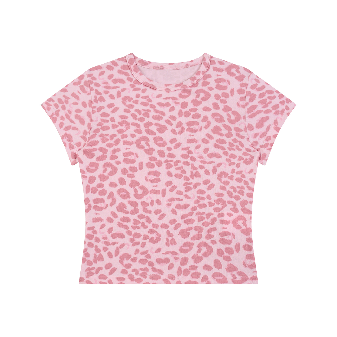 Pink leopard print t-shirt with short sleeves and a round neckline.