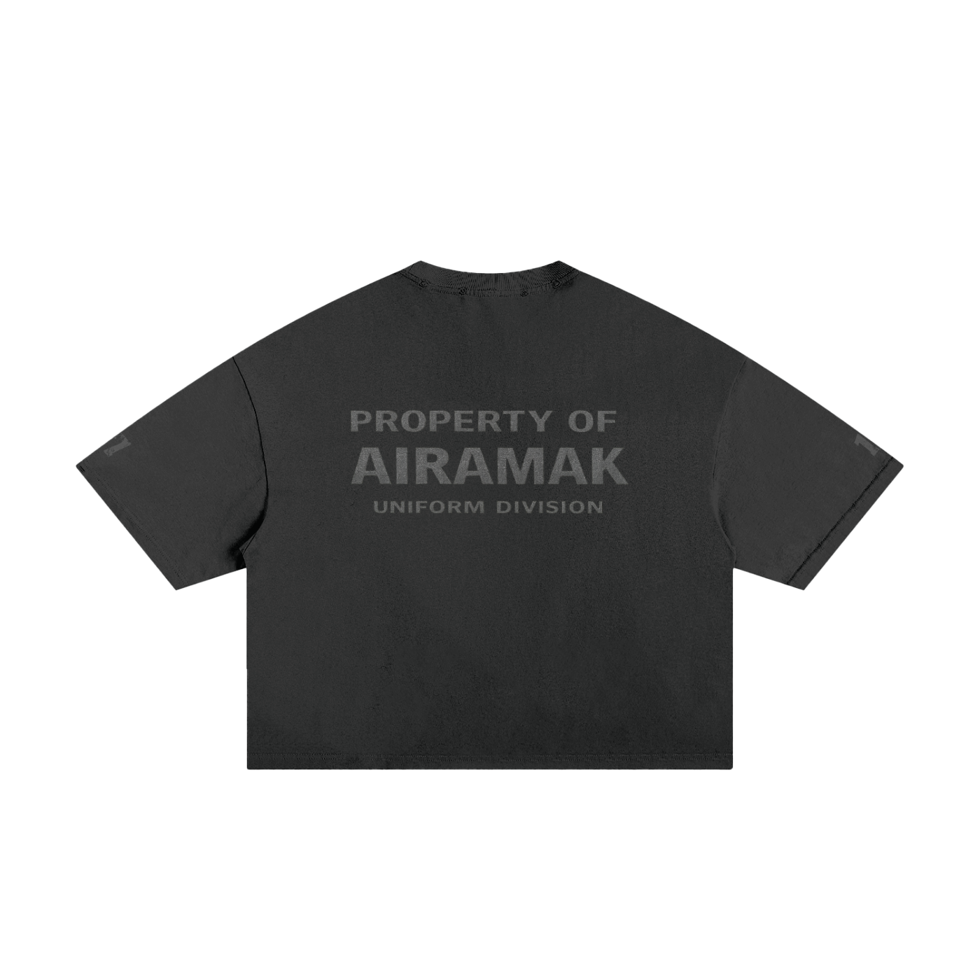 Black T-shirt with "PROPERTY OF AIRAMAK UNIFORM DIVISION" in gray text on the back.