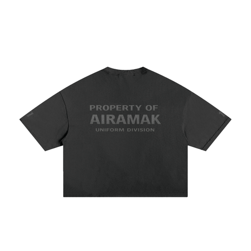 Black T-shirt with "PROPERTY OF AIRAMAK UNIFORM DIVISION" in gray text on the back.