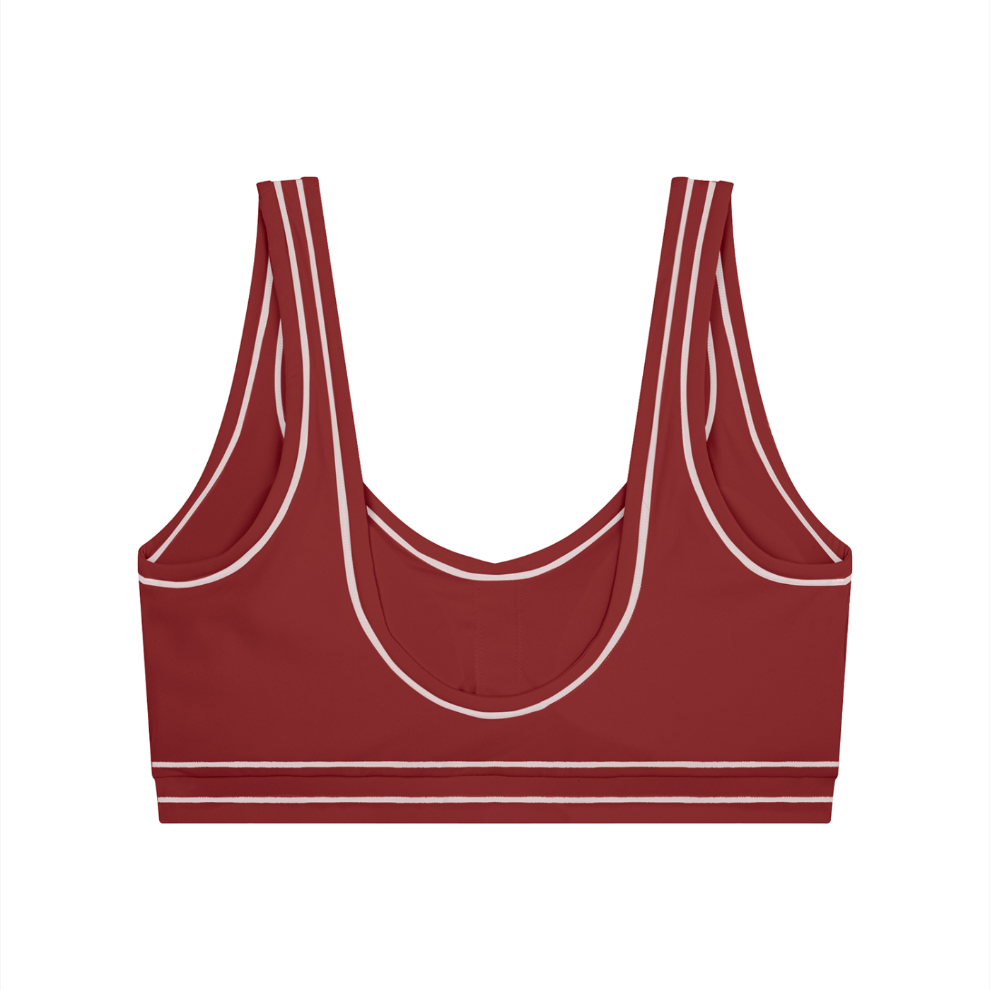 Maroon sports bra with white piping, scoop neckline, and wide straps on a white background.