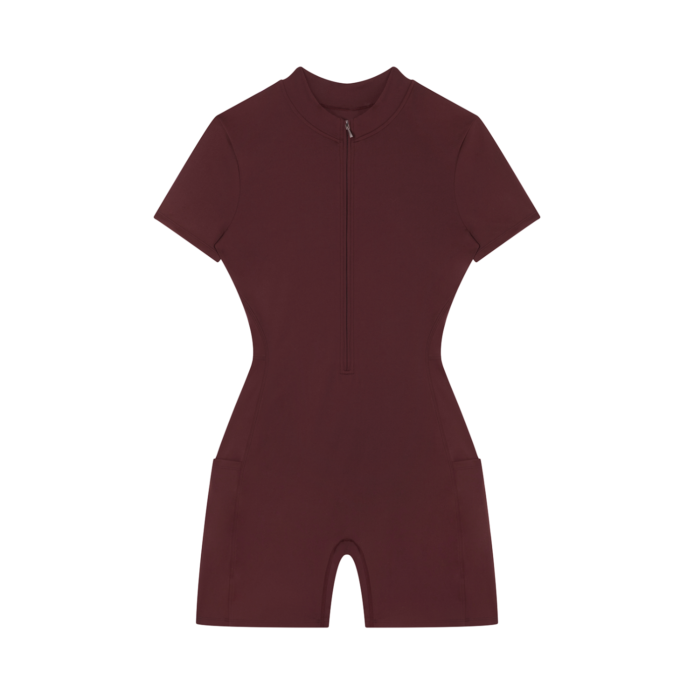 Maroon short-sleeve romper with a front zipper and fitted waist.