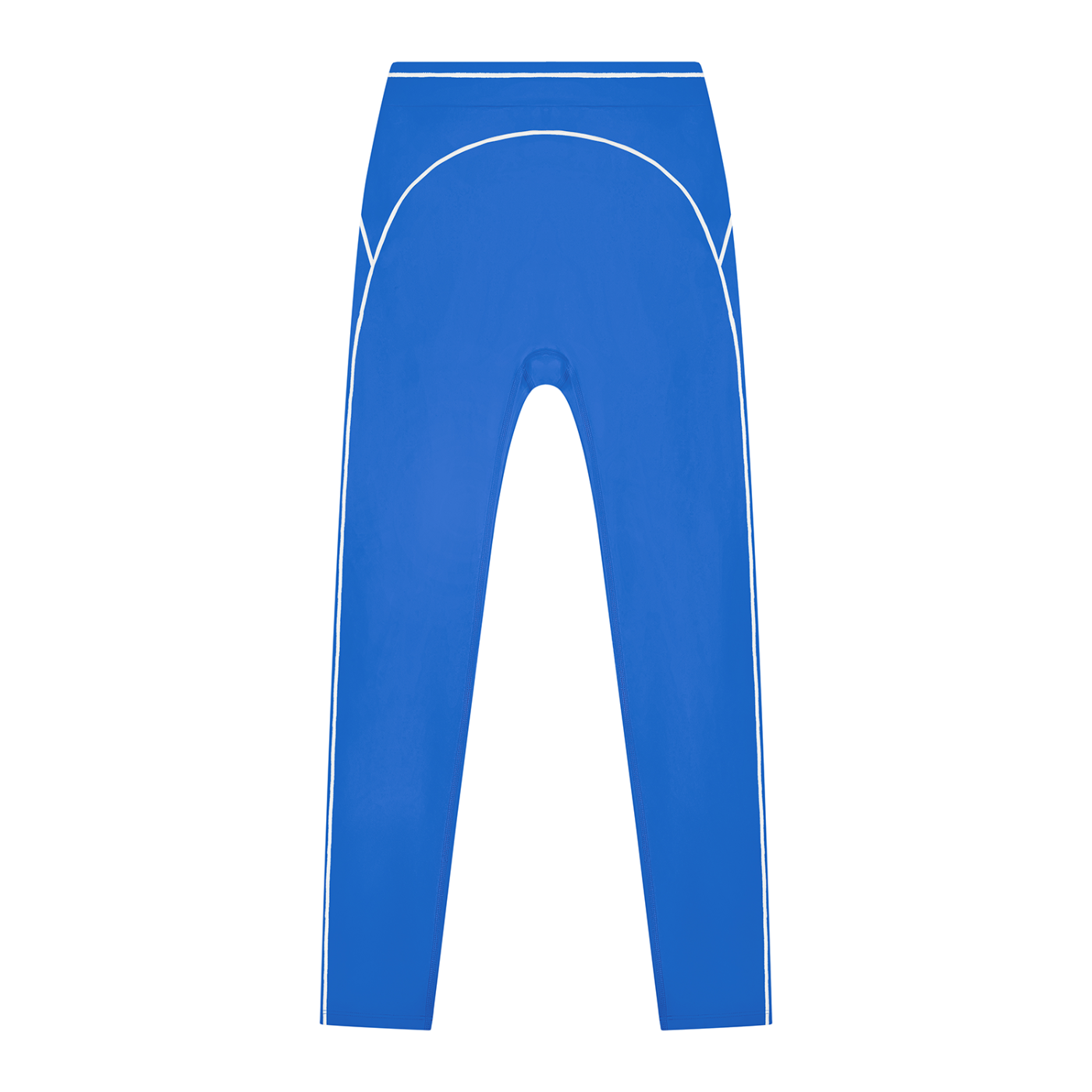 Blue leggings with white piping and a curved design on the back.