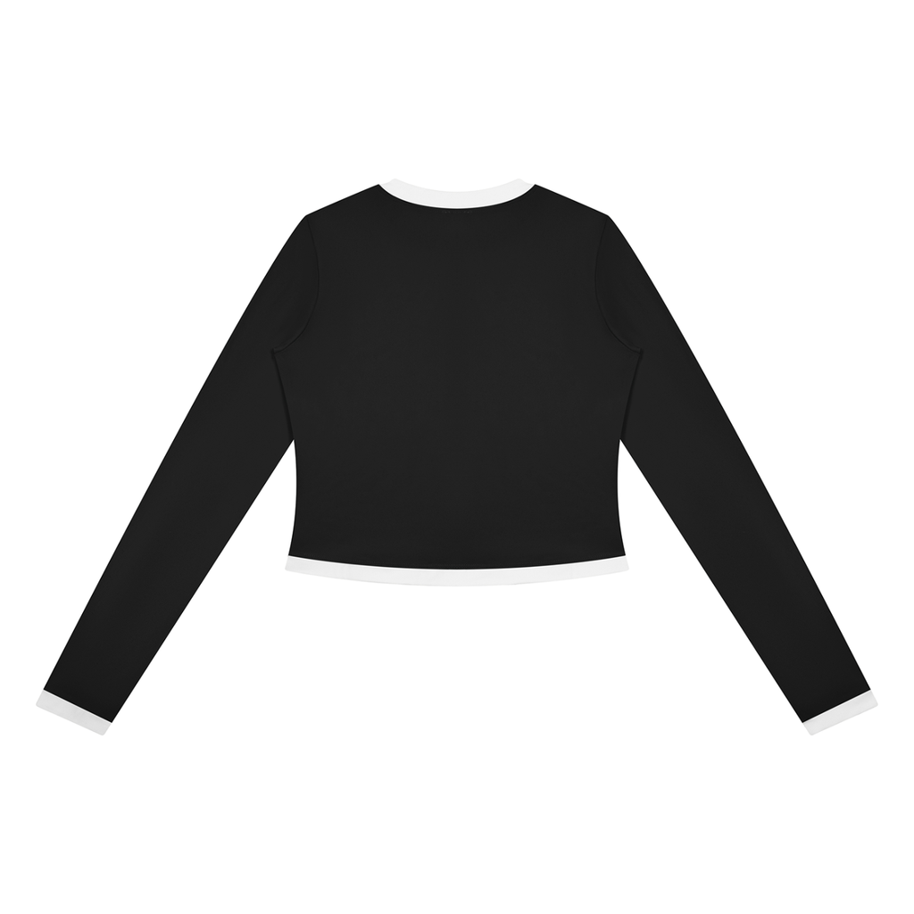 Black long-sleeve crop top with white cuffs and hem on a white background.