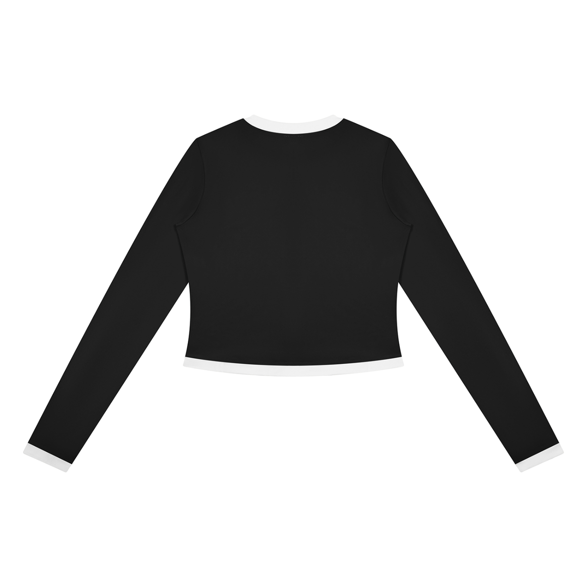 Black long-sleeve crop top with white cuffs and hem on a white background.