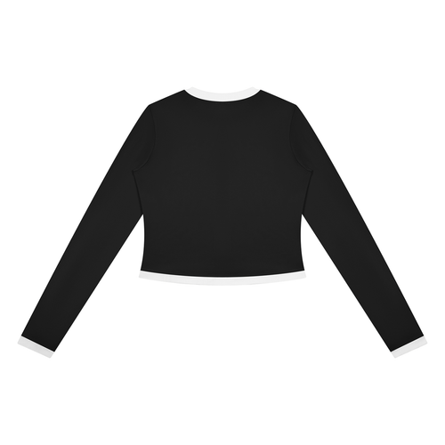 Black long-sleeve crop top with white cuffs and hem on a white background.