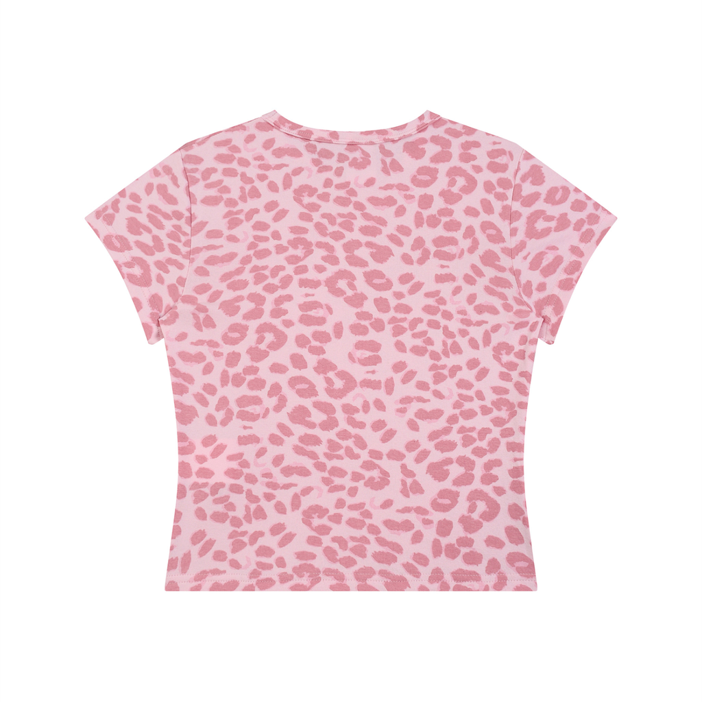 Pink leopard print T-shirt with short sleeves and a round neck.