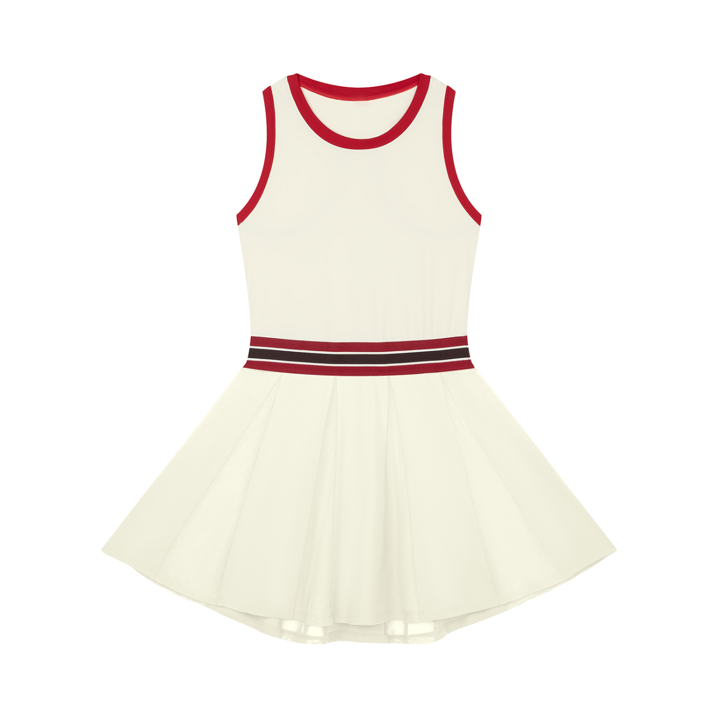 White sleeveless dress with red trim and a striped waist, featuring a flared skirt.