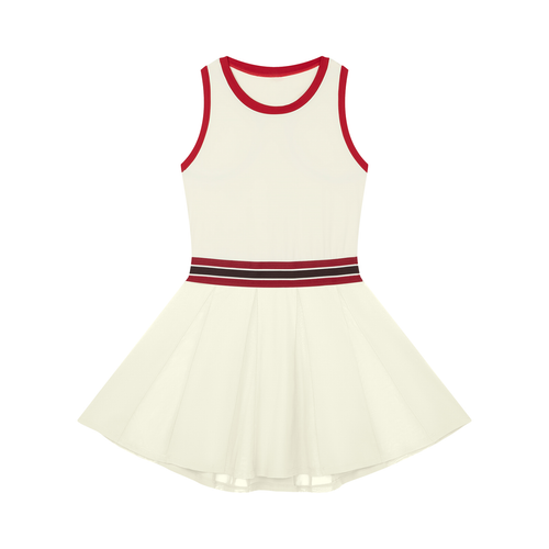 White sleeveless dress with red trim and a striped waist, featuring a flared skirt.