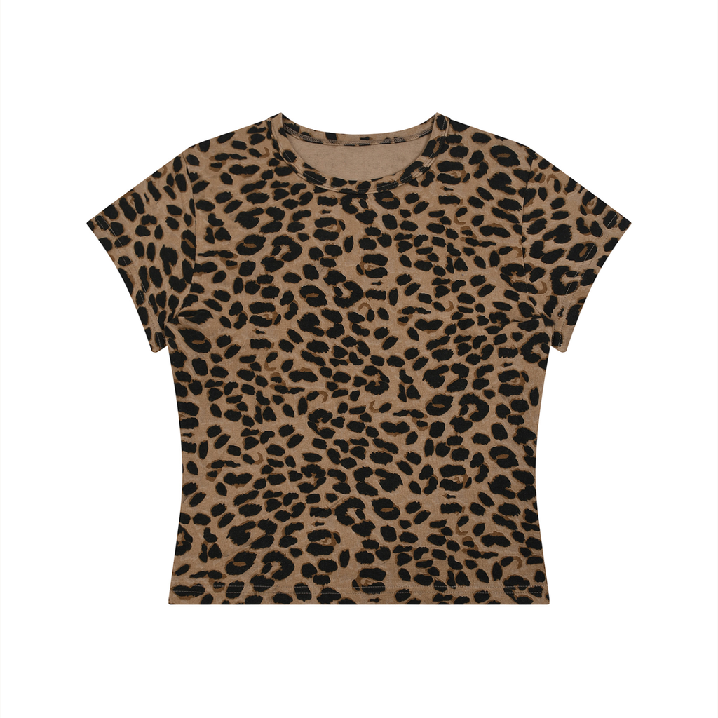 Leopard print T-shirt in brown and black with short sleeves on a white background.