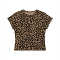 Leopard print T-shirt in brown and black with short sleeves on a white background.
