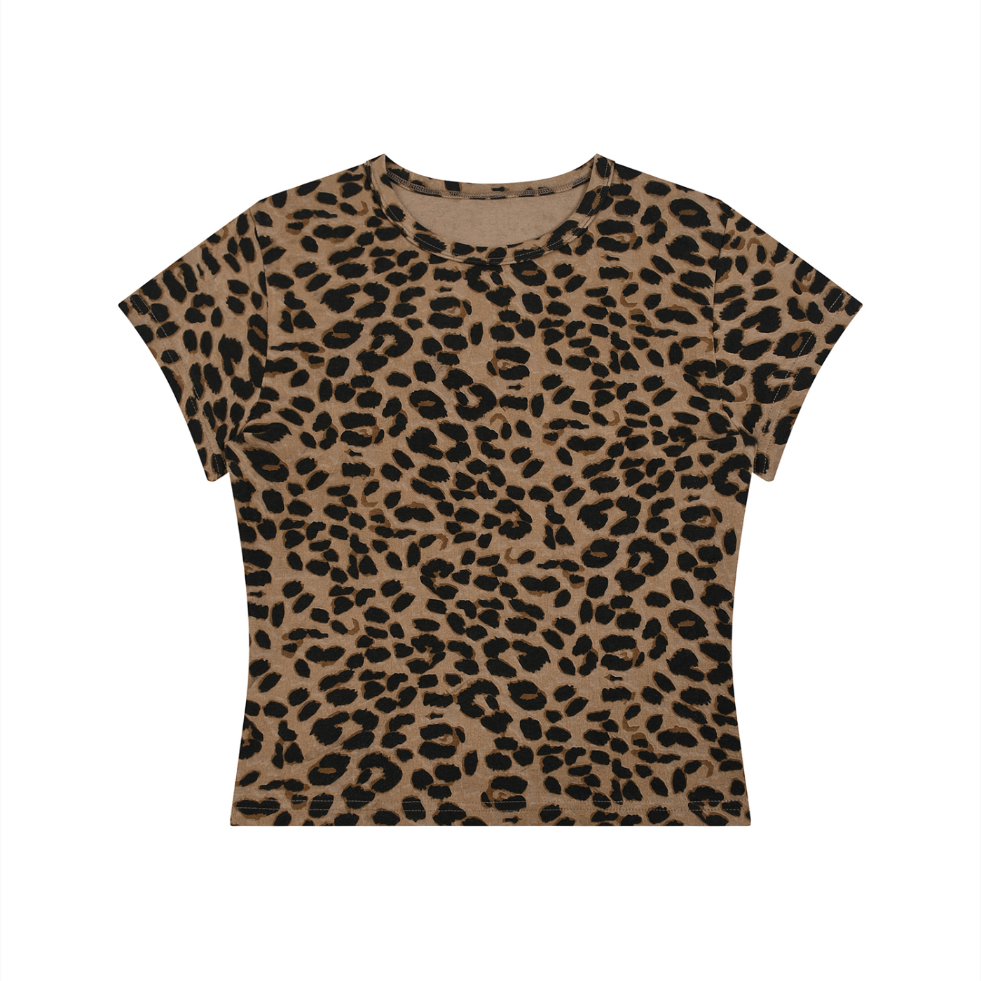 Leopard print T-shirt in brown and black with short sleeves on a white background.