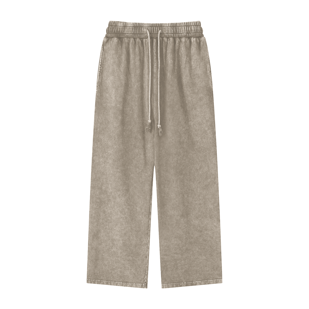 Beige wide-legged pants with an elastic waistband and drawstring ties.