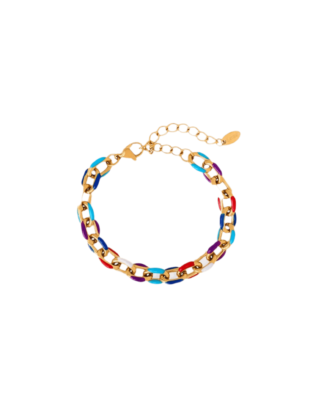 Gold chain bracelet with colorful enamel links in red, blue, turquoise, and purple.