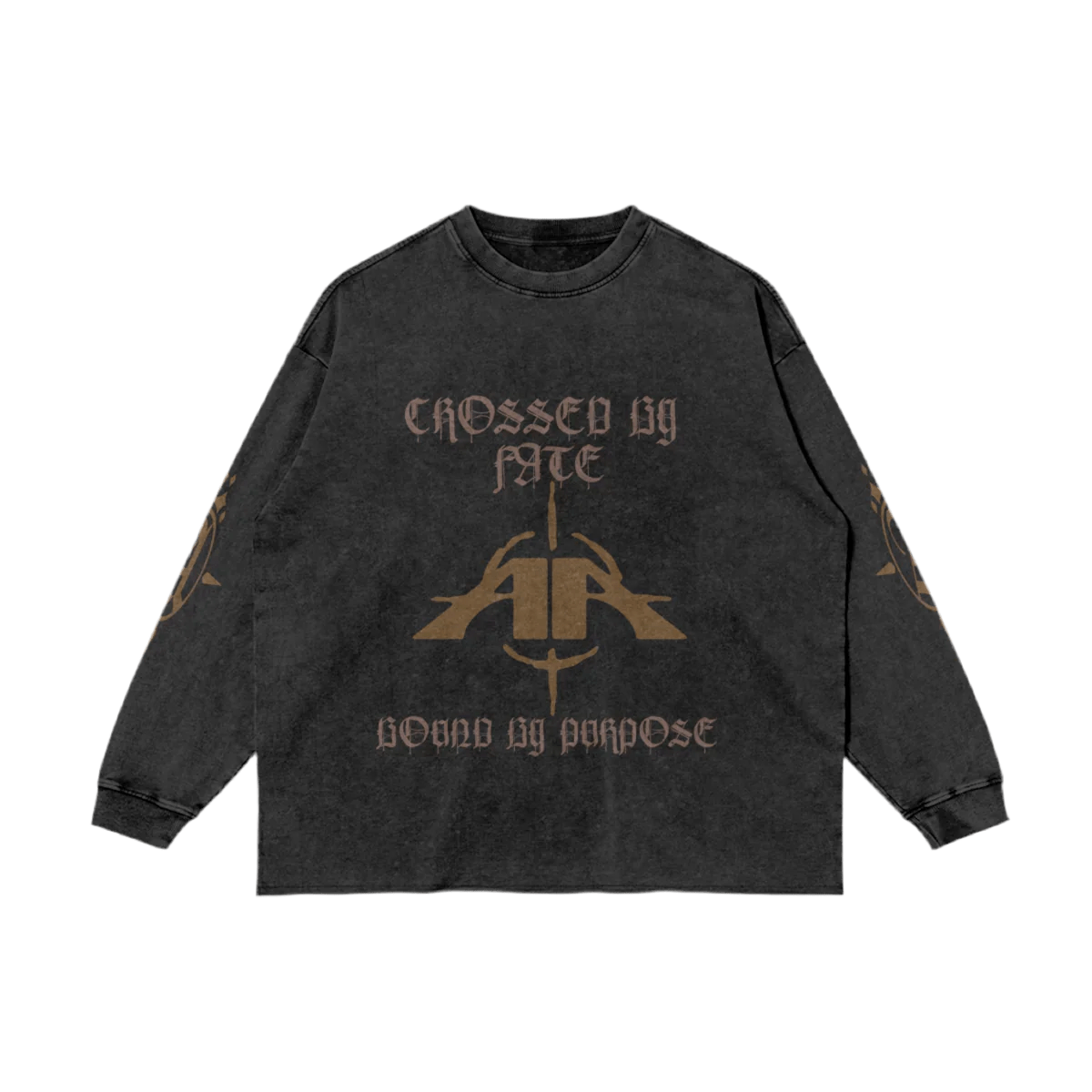 Black long-sleeve shirt with brown text "Crossed by Fate" and graphic on front.