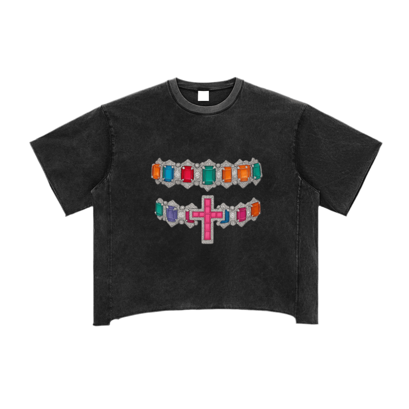 Black T-shirt with colorful gem designs and a central pink cross on the front.