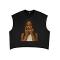 A black sleeveless shirt with an image of a person covering their face, wearing rings and braids.