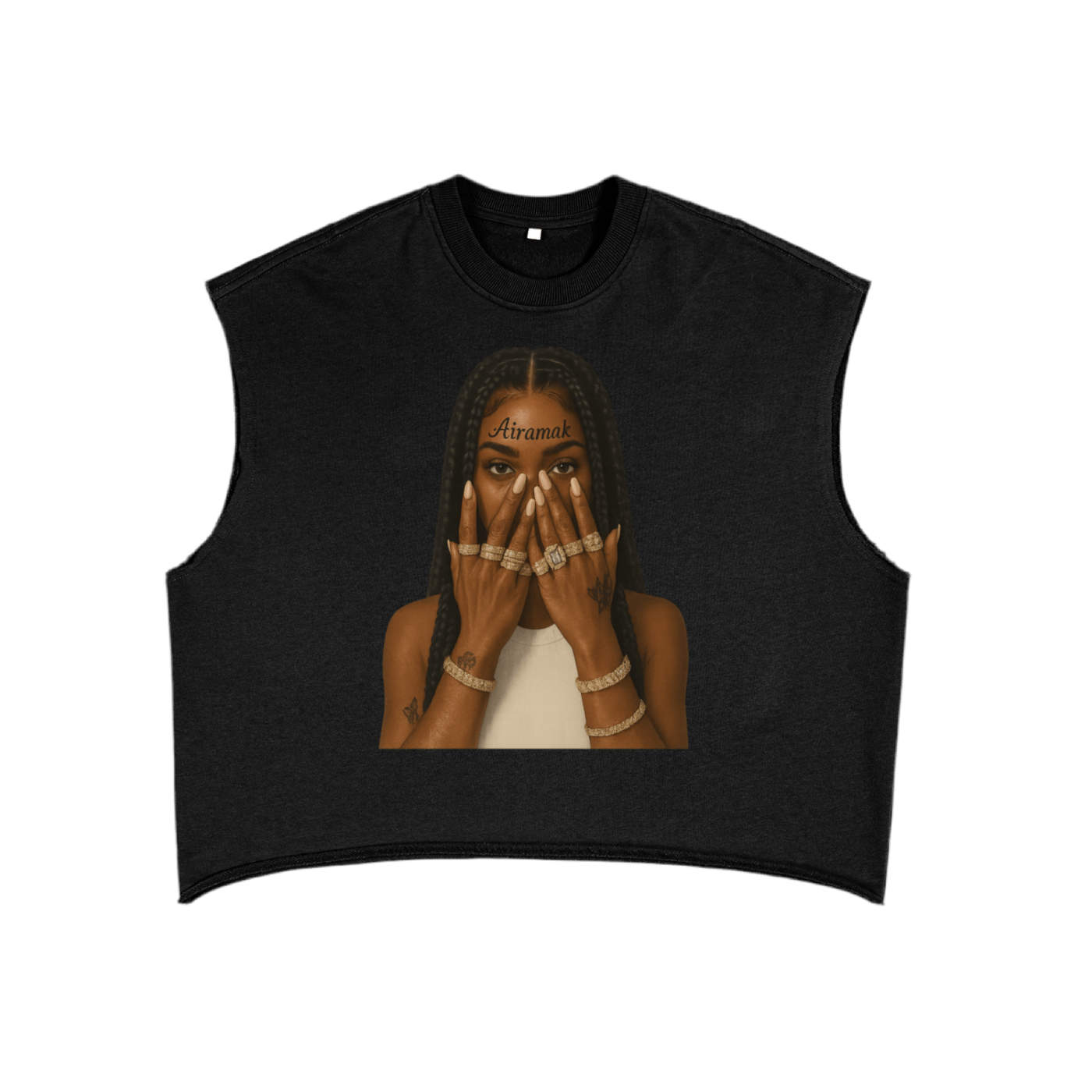 A black sleeveless shirt with an image of a person covering their face, wearing rings and braids.