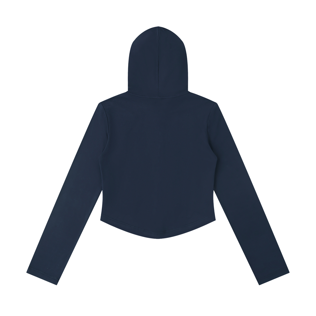 Dark blue hooded jacket, long sleeves, back view, plain design.