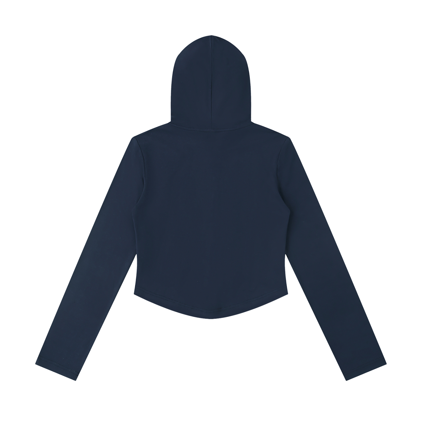 Dark blue hooded jacket, long sleeves, back view, plain design.