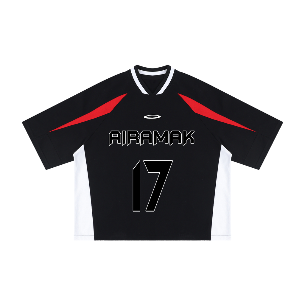 Black sports jersey with red accents, "AIRAMAK" text and number 17 in white and black.