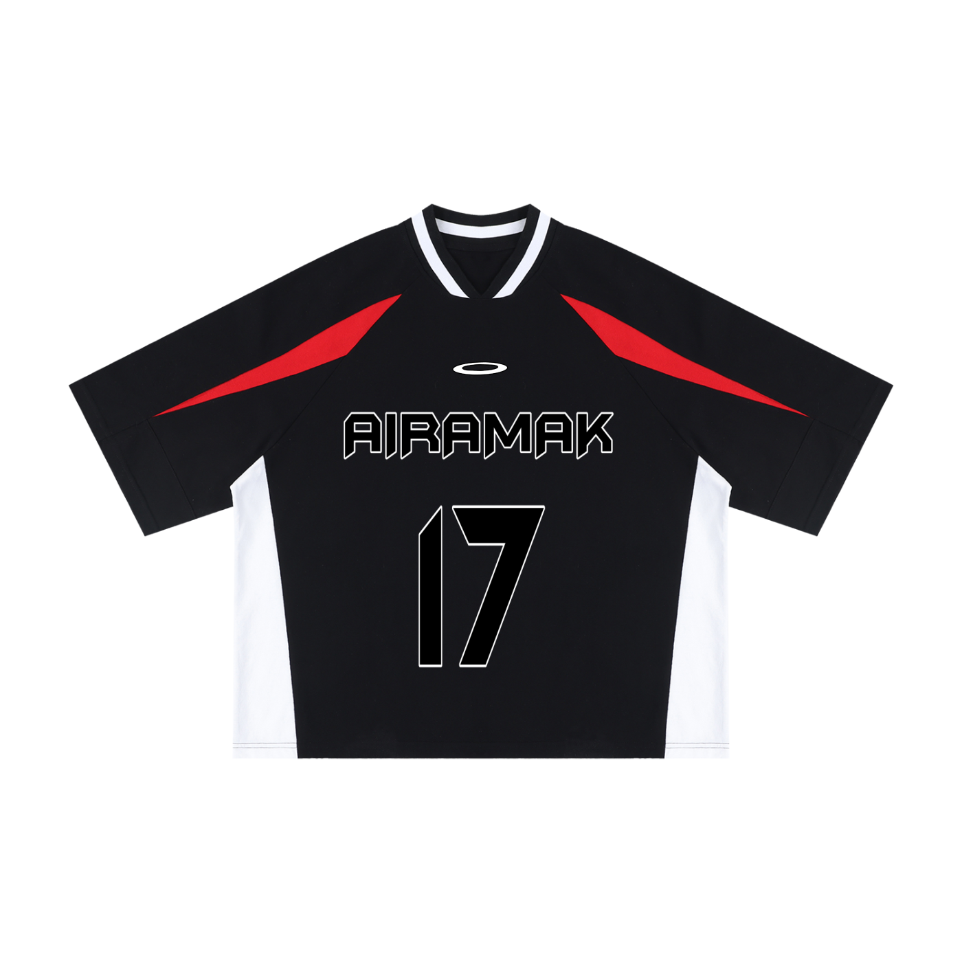 Black sports jersey with red accents, "AIRAMAK" text and number 17 in white and black.