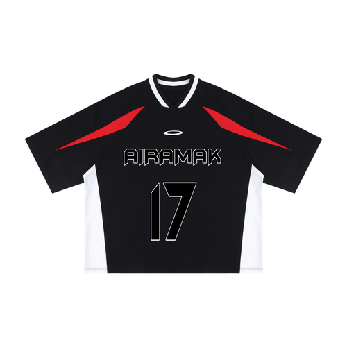Black sports jersey with red accents, "AIRAMAK" text and number 17 in white and black.