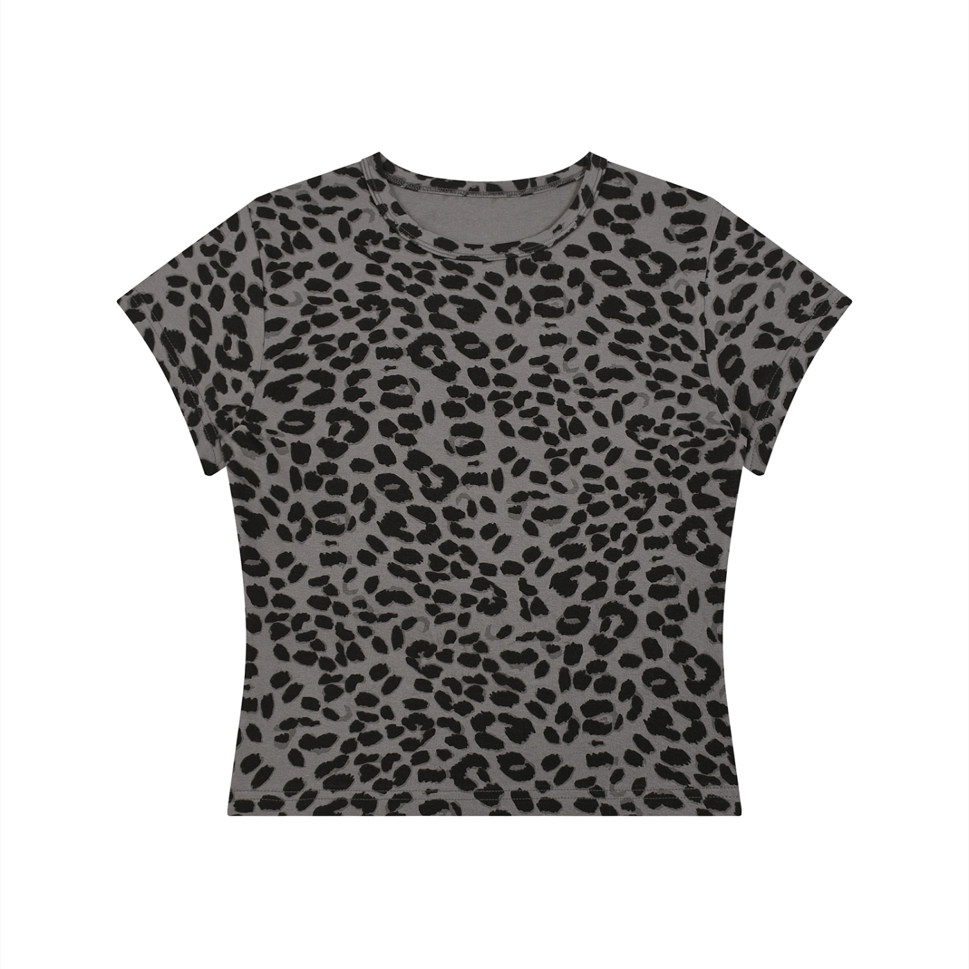 Gray leopard print T-shirt with short sleeves and round neck on a white background.