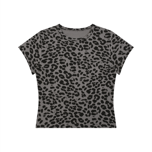 Gray leopard print T-shirt with short sleeves and round neck on a white background.