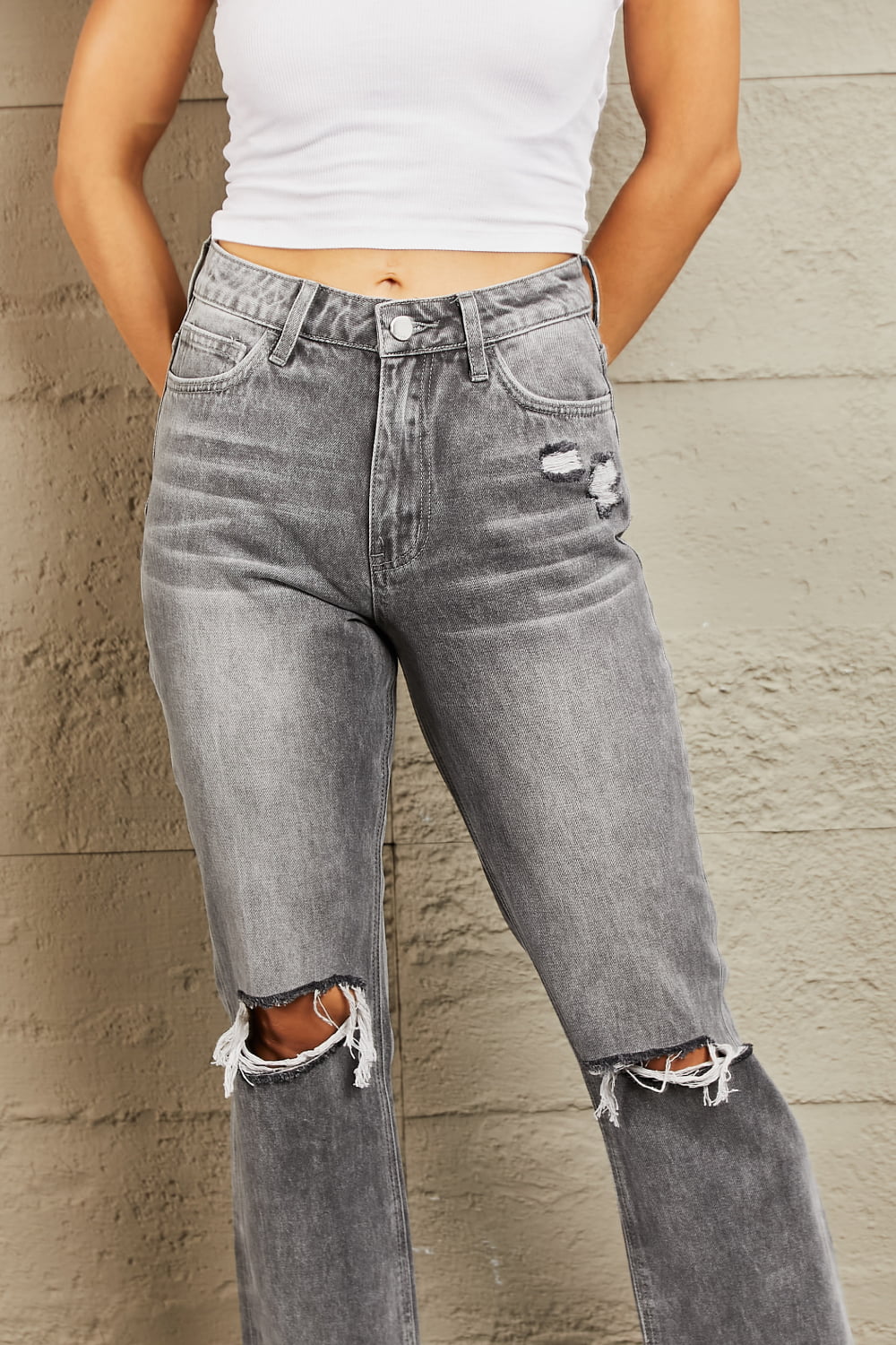 Stone Wash Distressed Cropped Straight Jeans