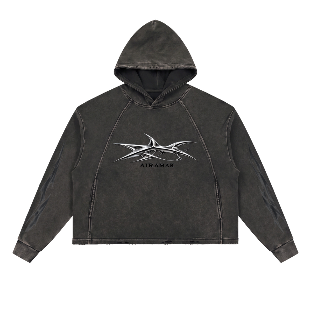 Dark gray hooded sweatshirt with a silver tribal design and "AIRMARX" text on the front.
