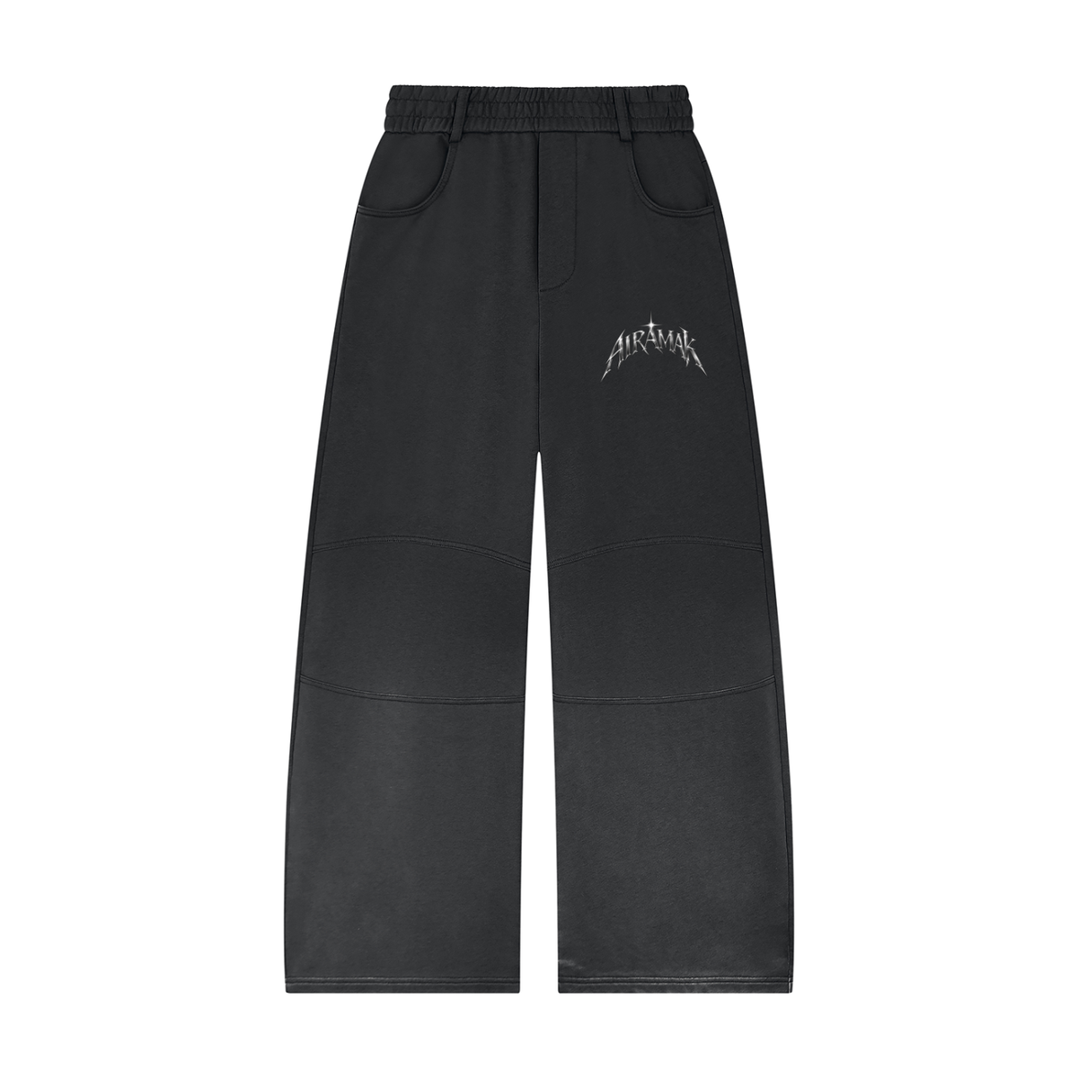Black wide-leg pants with white text on the thigh, featuring an elastic waistband and front pockets.
