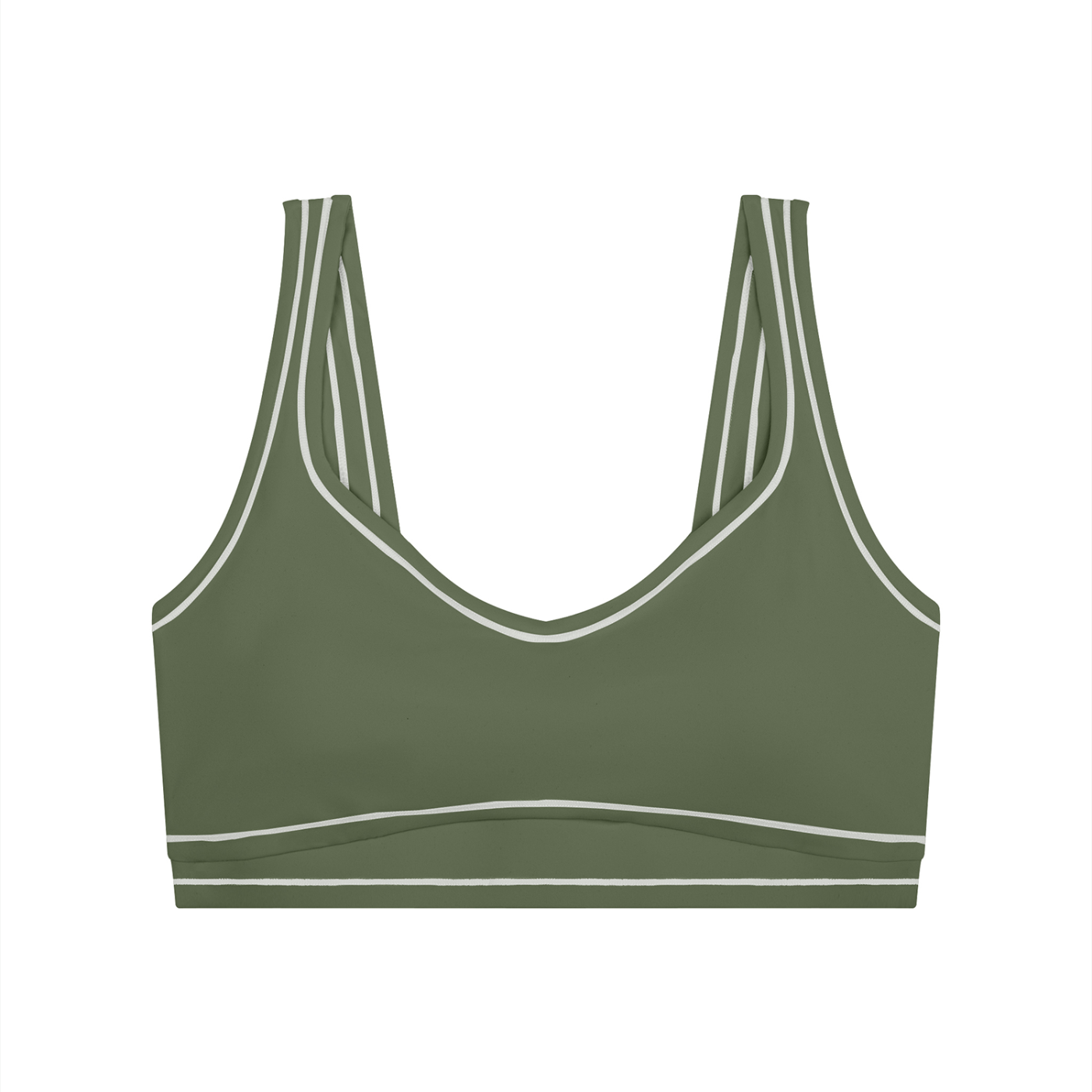 Olive green sports bra with white trim and double straps.