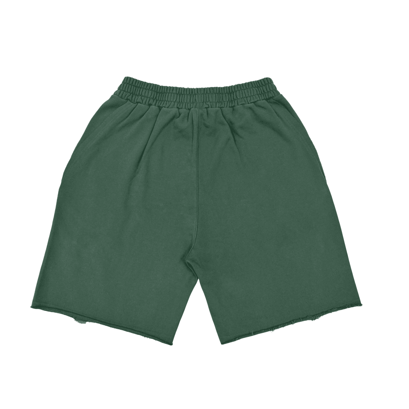 Green shorts with an elastic waistband and frayed hems, laid flat on a white background.