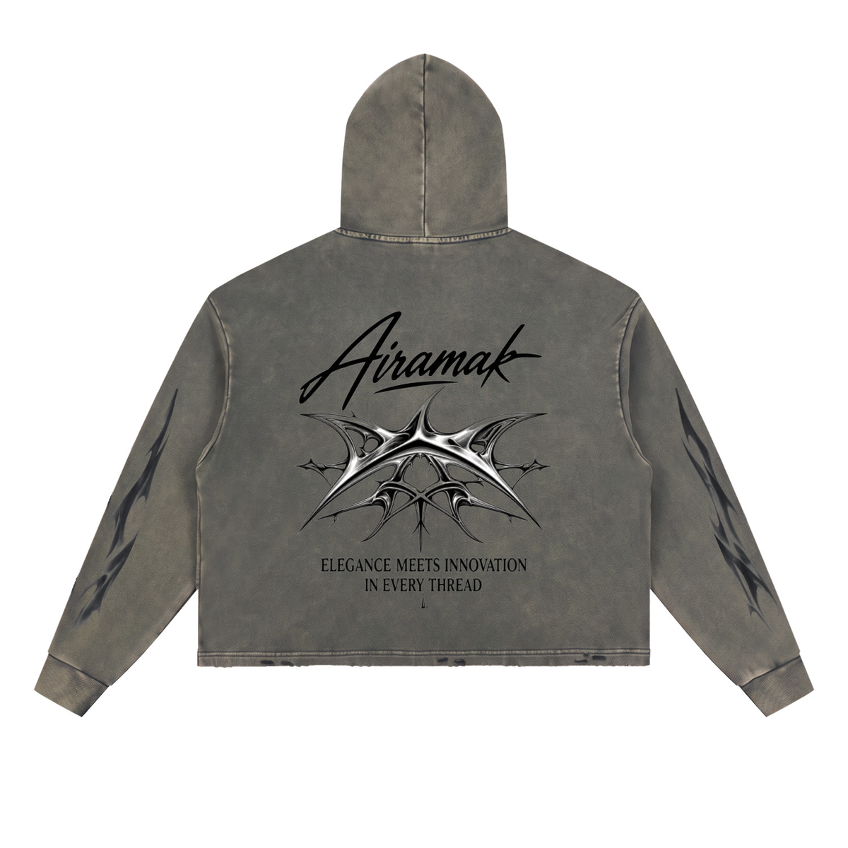 Gray hoodie with black text and graphic design on the back, featuring abstract patterns on sleeves.