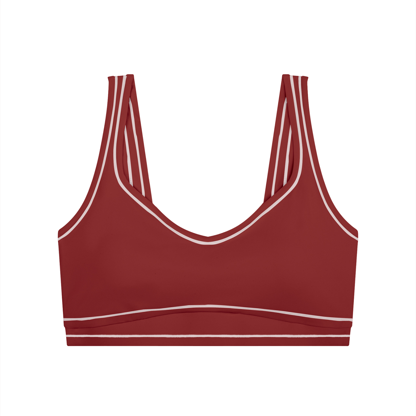 Red sports bra with double straps and white trim, isolated on a white background.